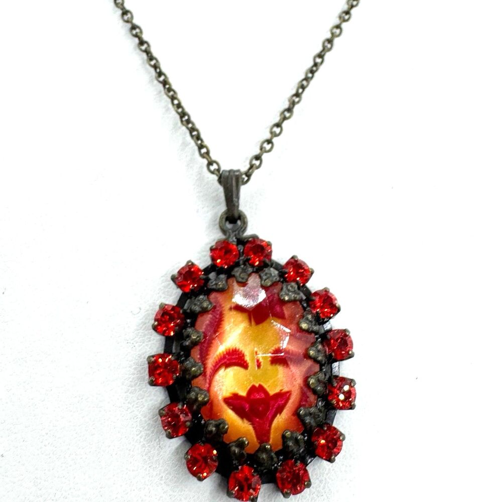 Konplatt By Miranda Ko Red Floral Gothic Oval Pendant Necklace Red Rhinestone